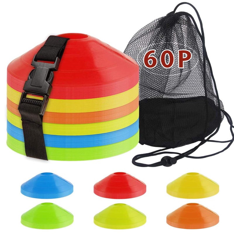 DUNCHATY 60PCS Sports Soccer Cones Agility Soccer Disc Cones with Carry Strap Carry Bag Training Soccer Cones, Field Marker Cones for Challenge Football Basketball Skating Kids Games Outdoor Indoor Sports - Image 1